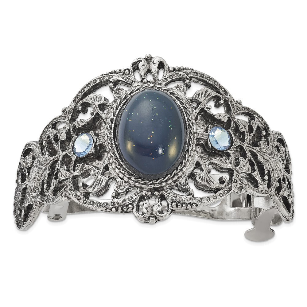 1928 Silver-tone Filigree Blue Crystal and Blue Acrylic Stone Ponytail Holder